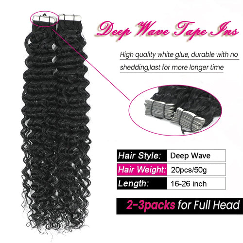 Deep Wave Tape In Hair Extensions Human Hair Skin Weft Seamless Invisible Clip-In And Tape-In Hair Extensions 20Pcs 50G/Pack
