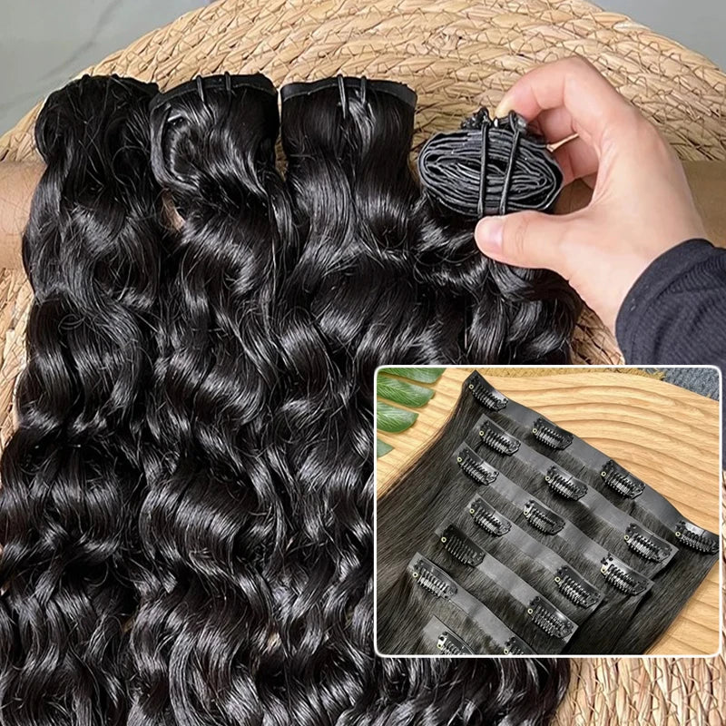 PU Clip Natural Deep Wave Raw Hair Vietnamese Human Hair 100% Premium Remy Clip hair Extensions On Tape Weft Real Hair 7 8 9 Pie