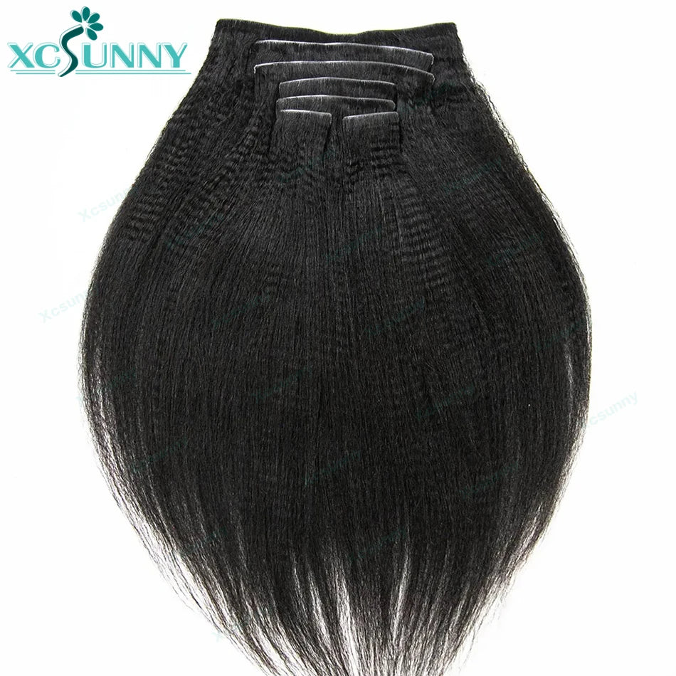 Invisable Edge Clip Ins Human Hair Extensions Yaki Straight Injected PU Tape Weft Clip In Hair Extensions 7Pcs/set Clip on Hair
