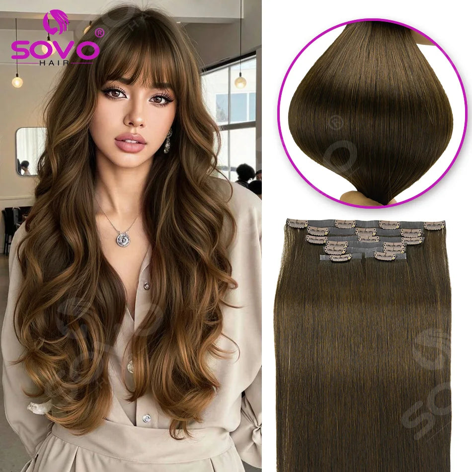 110G Tape PU Clip In Hair Premium Remy Clip In Human Hair Extensions 7pcs Clip-on Hair 14"-24" Balayage Ombre Mocha Brown Black